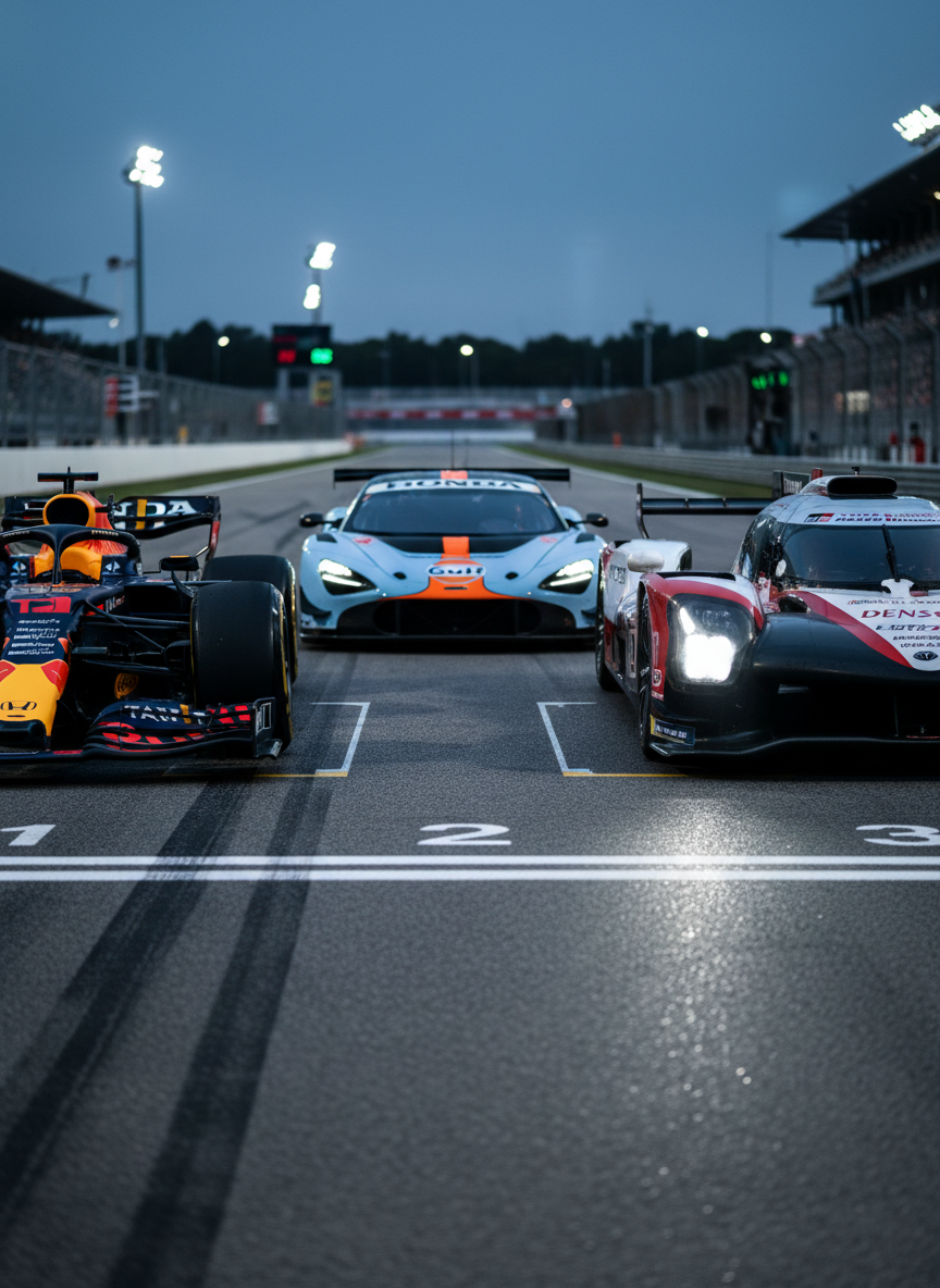 A dramatic starting grid scene focused entirely on the nose sections of multiple high-tech racing cars from different categories: a Formula 1 car, a GT3 sports car, and a prototype endurance racer, all lined up on the painted grid boxes of a wide, modern circuit. Each car showcases unique aerodynamic shapes, sponsor logos, and headlights or intricate front wings in vivid, realistic detail. The grid numbers and white lines on the asphalt are crisp and freshly painted. Early evening stadium-style floodlights cast bright, cool-toned illumination, creating clean reflections on glossy bodywork and subtle shadows beneath the cars. Shot from a low, centered perspective along the grid line, with sharp focus in the foreground and gradual falloff towards the back, reinforcing a professional, anticipatory race-day atmosphere.